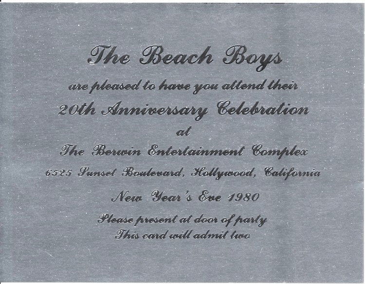 The Beach Boys - 1980 NYE 20th Anniversary Invite (1 of 1)