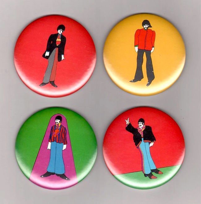 The Beatles - 1968 Yellow Submarine Complete Pin Set: THE BEATLES (English Rock Band) An original set of four pin-backed buttons that promoted the animated movie "The Beatles Yellow Submarine" (1968). The buttons depict the movie's animated renditions of