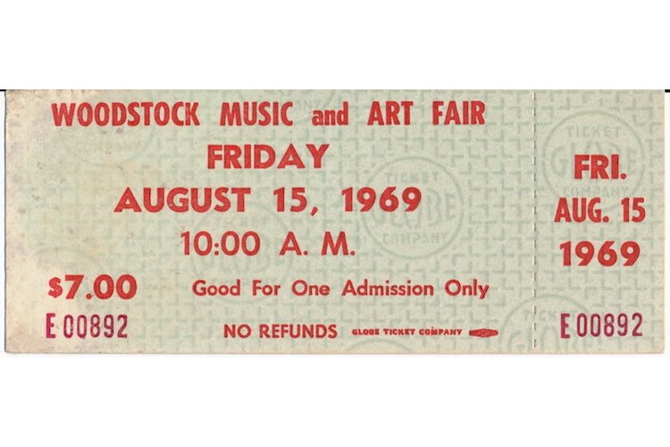 Woodstock Music Festival - 1969 Advanced $7.00 Ticket: WOODSTOCK MUSIC & ART FAIR FESTIVAL (Music Festival billed as 'An Aquarian Exposition: 3 Days of Peace & Music) Authentic unused Advanced Woodstock Festival Ticket with photograph. Venue: Max Yasgur D