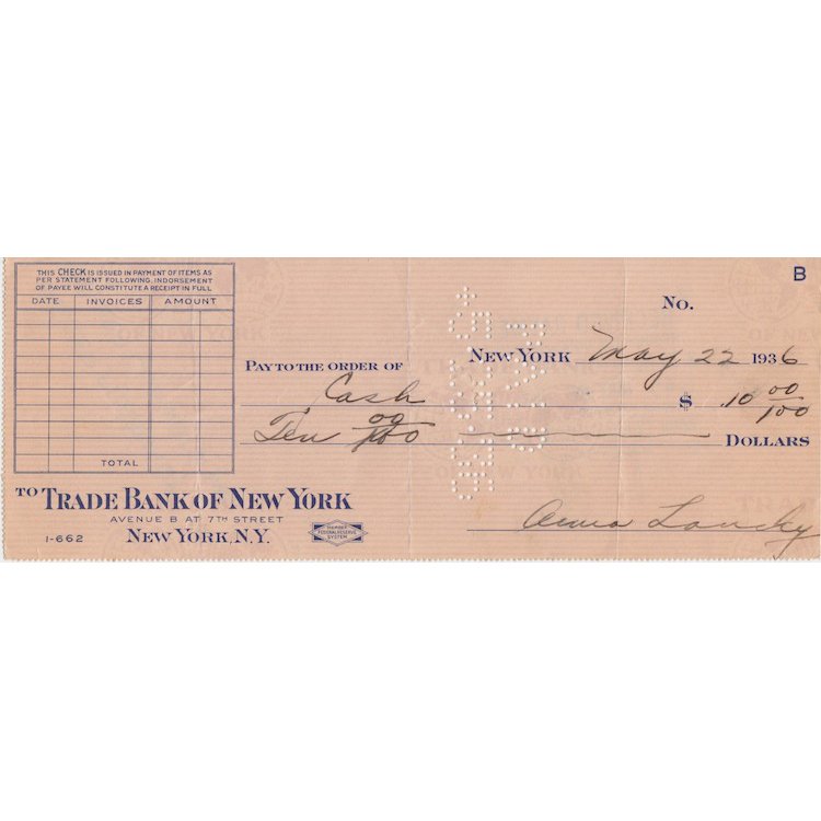 Anne Lansky - 1938 Autographed Hand-signed Bank Check (1 of 1)