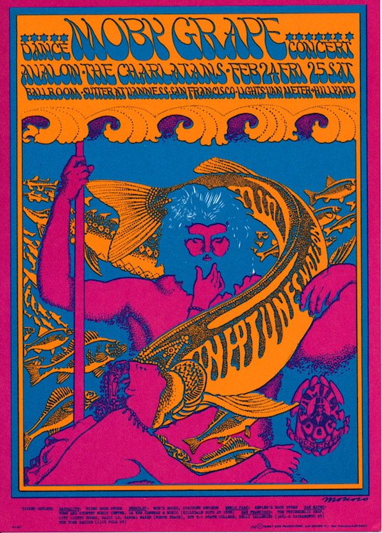 Moby Grape - 1967 Family Dog Concert Handbill: MOBY GRAPE (American Psychedelic Rock Band) Original & Vintage Family Dog Presents Concert Postcard featuring Moby Grape and The Charlatans. This postcard is #049 in The Family Dog Series. Venue: Aval