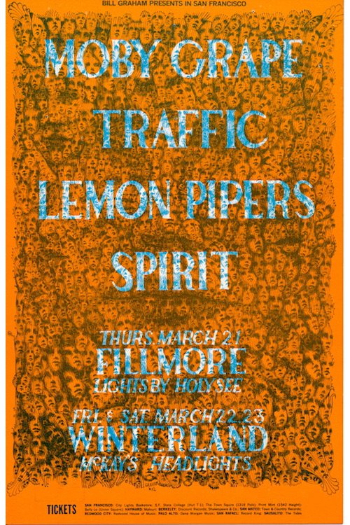 Traffic - Moby Grape - 1968 Fillmore Handbill: TRAFFIC (English Rock Band) MOBY GRAPE (American Psychedelic Rock Band) Original & Vintage Bill Graham Presents Concert Postcard featuring Traffic, Moby Grape, Lemon Pipers and Spirit. This postcard i