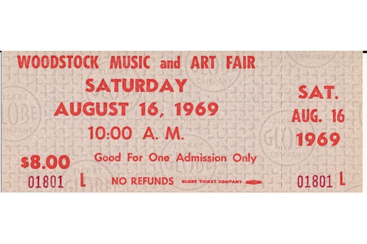 Woodstock Music Festival 1969 Saturday Festival Ticket: WOODSTOCK MUSIC & ART FAIR FESTIVAL (Music Festival billed as 'An Aquarian Exposition: 3 Days of Peace & Music) Authentic Woodstock Festival Ticket with photograph. Venue: Max Yasgur Dairy Farm, Bethe