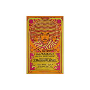 Jimi Hendrix - Fillmore East 1968 Concert Poster: JIMI HENDRIX (1942-1970 American Rock Guitarist, Singer-Songwriter and Musician) Original & Vintage Bill Graham Presents Concert Poster featuring The Jimi Hendrix Experience. Venue: Fillmore East, New