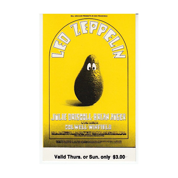 Led Zeppelin - Fillmore - 1969 Vintage Concert Ticket: LED ZEPPELIN (English Rock Band) Original & Vintage Bill Graham Presents Concert Ticket featuring Led Zeppelin. Venue: Fillmore West, San Francisco, California. Dated: April 24, 1969. Artist: Randy Tu