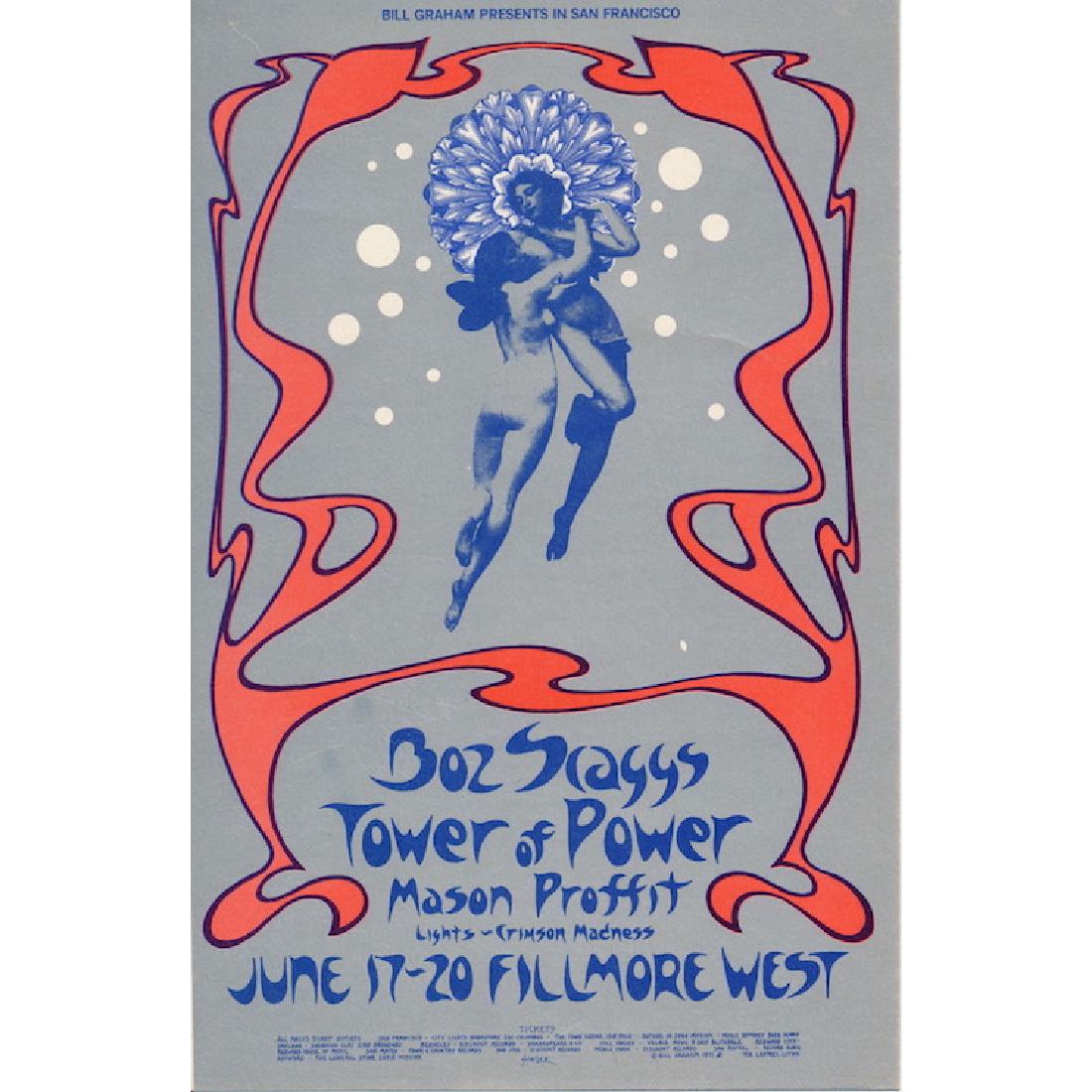 Boz Scaggs - 1971 Fillmore Concert Handbill: BOZ SCAGGS (American Singer-Songwriter and Guitarist) Original & Vintage Bill Graham Presents Concert Handbill featuring Boz Scaggs, Tower of Power and Mason Proffit. This handbill is #285-1 in The Bi