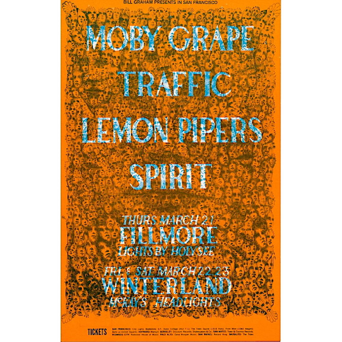 Traffic - Moby Grape - 1968 Fillmore Handbill: TRAFFIC (English Rock Band) MOBY GRAPE (American Psychedelic Rock Band) Original & Vintage Bill Graham Presents Concert Postcard featuring Traffic, Moby Grape, Lemon Pipers and Spirit. This postcard i