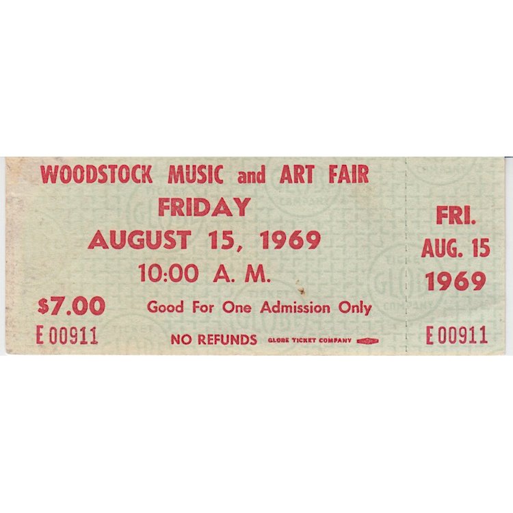 Woodstock - 1969 Advanced $7.00 Vintage Concert Ticket: WOODSTOCK MUSIC & ART FAIR FESTIVAL (Music Festival billed as 'An Aquarian Exposition: 3 Days of Peace & Music) Authentic unused Advanced Woodstock Festival Ticket with photograph. Venue: Max Yasgur D
