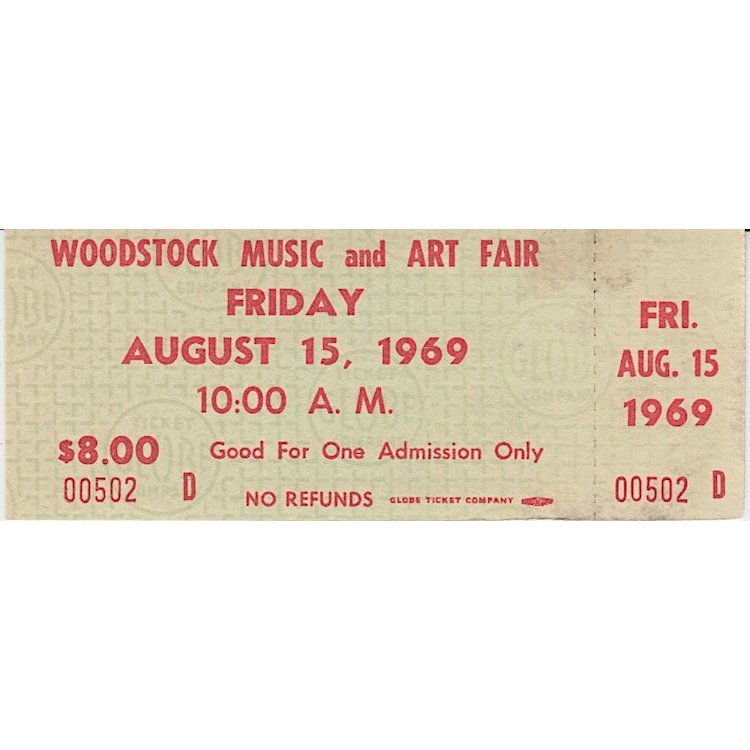 Woodstock - 1969 Friday Vintage Concert Ticket: WOODSTOCK MUSIC & ART FAIR FESTIVAL (Music Festival billed as 'An Aquarian Exposition: 3 Days of Peace & Music) Authentic unused Woodstock Festival Ticket with photograph. Venue: Max Yasgur Dairy Farm