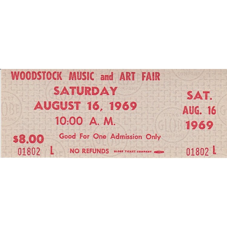 Woodstock - 1969 Saturday Vintage Concert Ticket: WOODSTOCK MUSIC & ART FAIR FESTIVAL (Music Festival billed as 'An Aquarian Exposition: 3 Days of Peace & Music) Authentic unused Woodstock Festival Ticket with photograph. Venue: Max Yasgur Dairy Farm