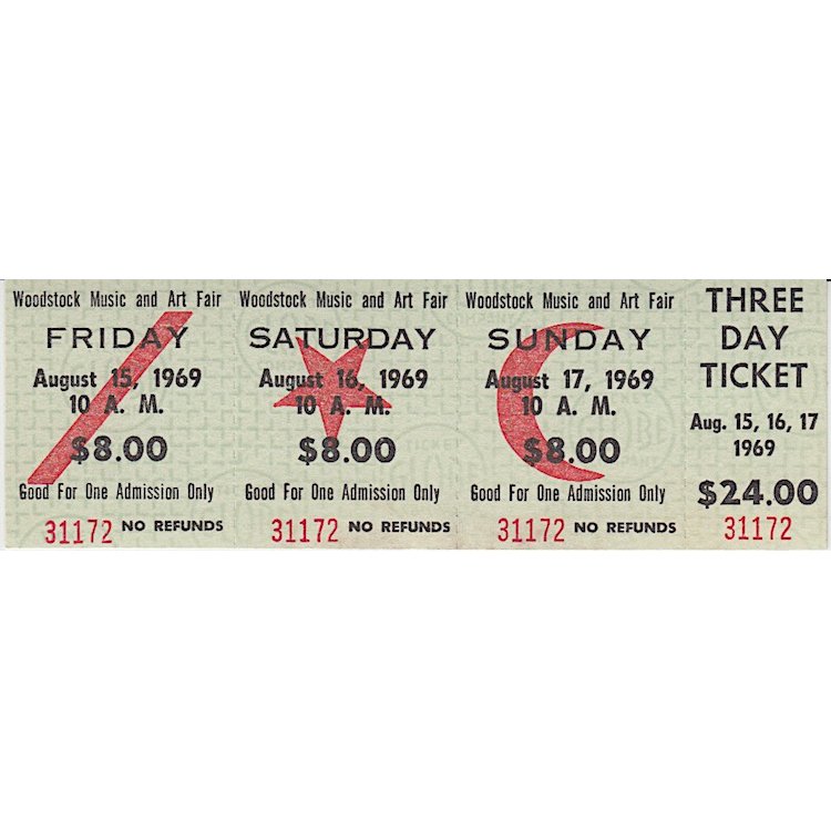 Woodstock - 1969 Three Day Vintage Concert Ticket (1 of 2)