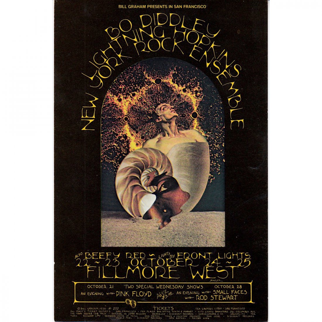 Bo Diddley - Pink Floyd - 1970 Fillmore Concert: BO DIDDLEY (1928-2008 American Musician and Singer-Songwriter) PINK FLOYD (English Rock Band) Original & Vintage Bill Graham Presents Concert Handbill featuring Bo Diddley, Pink Floyd and The Small Fa