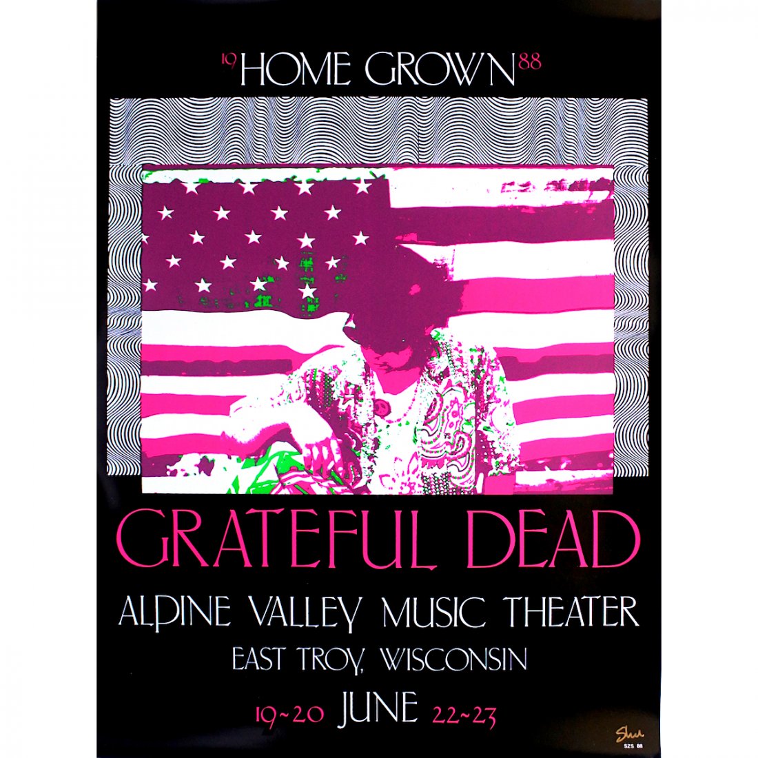 Grateful Dead - SZS - 1988 Signed Concert Poster: GRATEFUL DEAD (American Rock Band) Original & Vintage Concert Poster featuring The Grateful Dead. Hand-signed by the artist: SZS. Venue: Alpine Valley Music Theatre, East Troy, Wisconsin. Dated: June