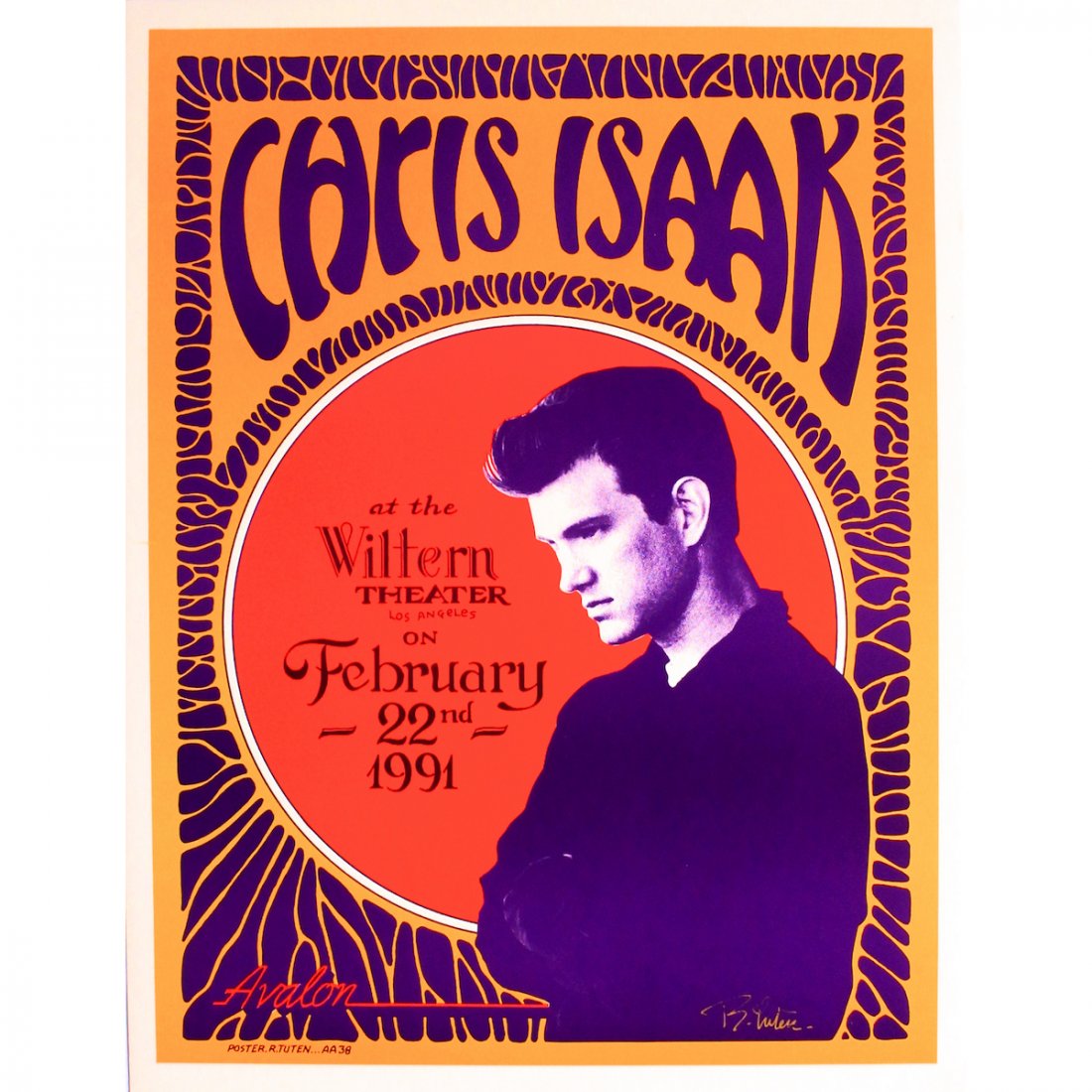 Chris Isaak - Randy Tuten - 1991 Signed Concert Poster: CHRIS ISAAK (American Rock Musician and Actor) Original & Vintage Concert Poster featuring Chris Isaak. Hand-signed by the artist: Randy Tuten. Venue: Wiltern Theater, Los Angeles, California. Dated: 