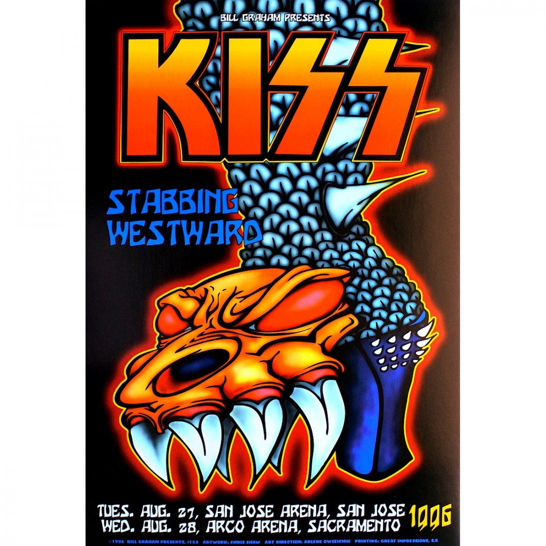KISS - 1996 Concert Poster: KISS (American Hard Rock Band) Original & Vintage Bill Graham Presents Concert Poster featuring KISS and Stabbing Westward. Venue: San Jose Arena, San Jose, California. Dated: August 27, 1996. Artist: