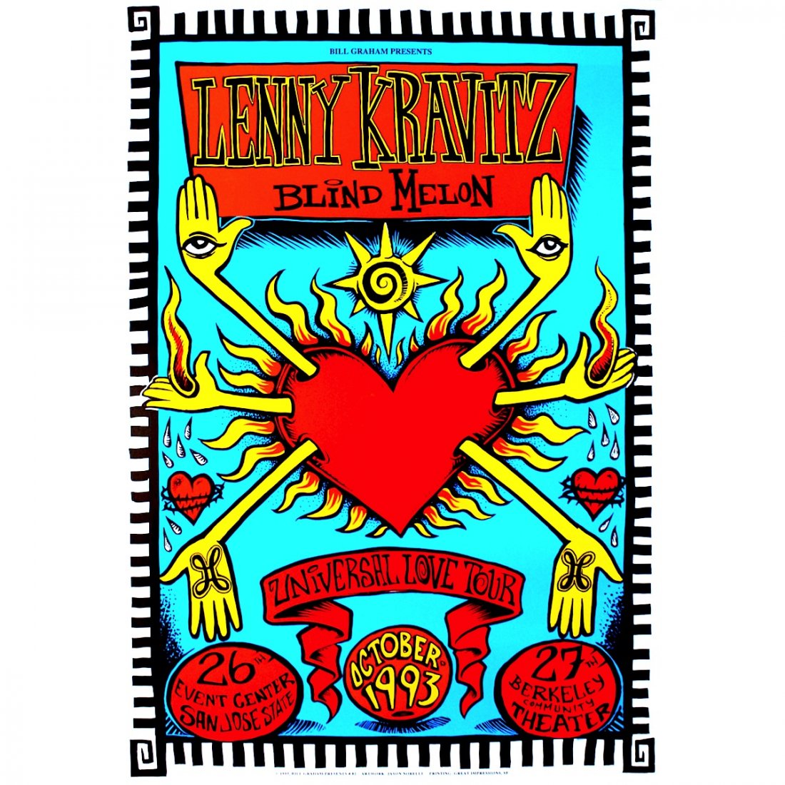 Lenny Kravitz - 1993 Concert Poster: LENNY KRAVITZ (American Singer-Songwriter) Original & Vintage Bill Graham Presents Concert Poster featuring Lenny Kravitz and Blind Melon. Venue: San Jose State Event, San Jose, California. Dated: Oct