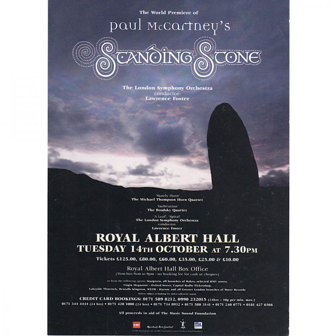 Paul McCartney - Standing Stone - 1997 Concert Handbill: SIR PAUL MCCARTNEY (English Musician, Singer and Songwriter) Original & Vintage Paul McCartney's 'Standing Stone' Concert Handbill. Venue: Royal Albert Hall, London, UK. Dated: October 14, 1997. Â©1