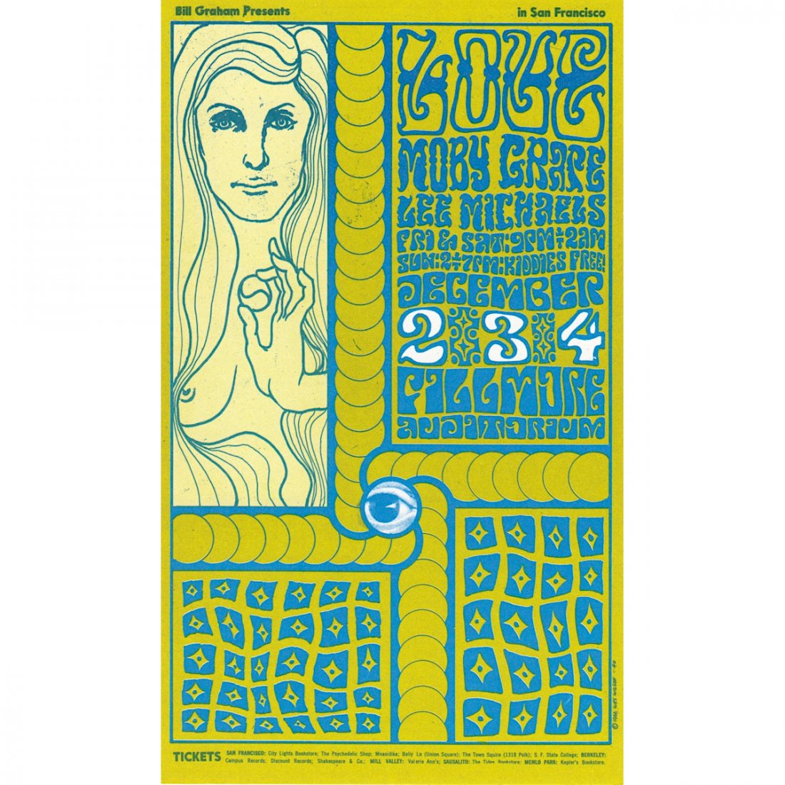 Moby Grape - Lee Michaels - 1966 Concert Handbill: MOBY GRAPE (American Psychedelic Rock Band) LEE MICHAELS (American Rock Musician) LOVE (American Rock Band) Original & Vintage Bill Graham Presents Concert Postcard featuring Love, Moby Grape and Lee