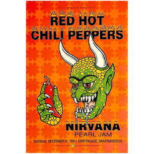 Nirvana - RHCP - Pearl Jam - 1991 Concert Poster: NIRVANA (American Rock Band) RED HOT CHILI PEPPERS (American Funk Rock Band) PEARL JAM (American Rock Band) Original & Vintage Bill Graham Presents Concert Poster featuring Nirvana, Red Hot Chili