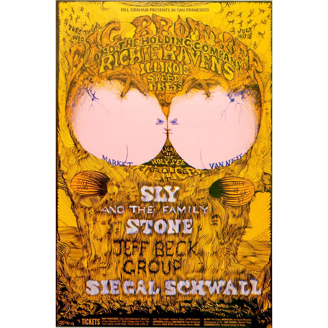 Sly and the Family Stone - 1968 Fillmore Poster: SLY AND THE FAMILY STONE (American Band) BIG BROTHER AND THE HOLDING COMPANY (American Rock Band) RICHIE HAVENS (1941- 2013 American Guitarist and Singer-Songwriter) Original & Vintage Bill Graham Pre