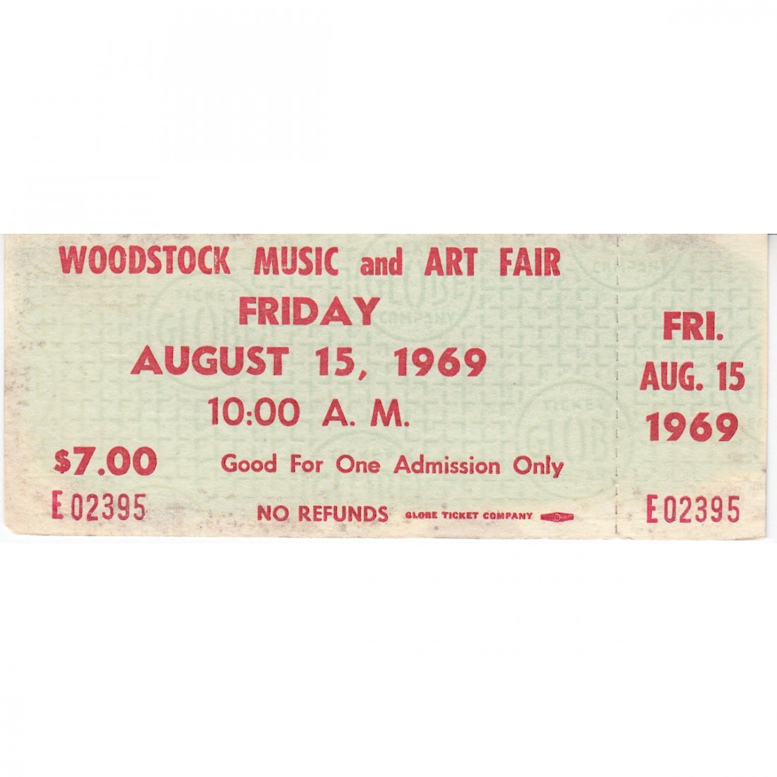 Woodstock - 1969 Advanced $7.00 Vintage Concert Ticket: WOODSTOCK MUSIC & ART FAIR FESTIVAL (Music Festival billed as 'An Aquarian Exposition: 3 Days of Peace & Music) Authentic unused Advanced Woodstock Festival Ticket with photograph. Venue: Max Yasgur D