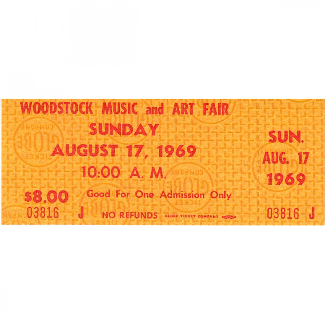 Woodstock - 1969 Sunday Vintage Concert Ticket (1 of 2)