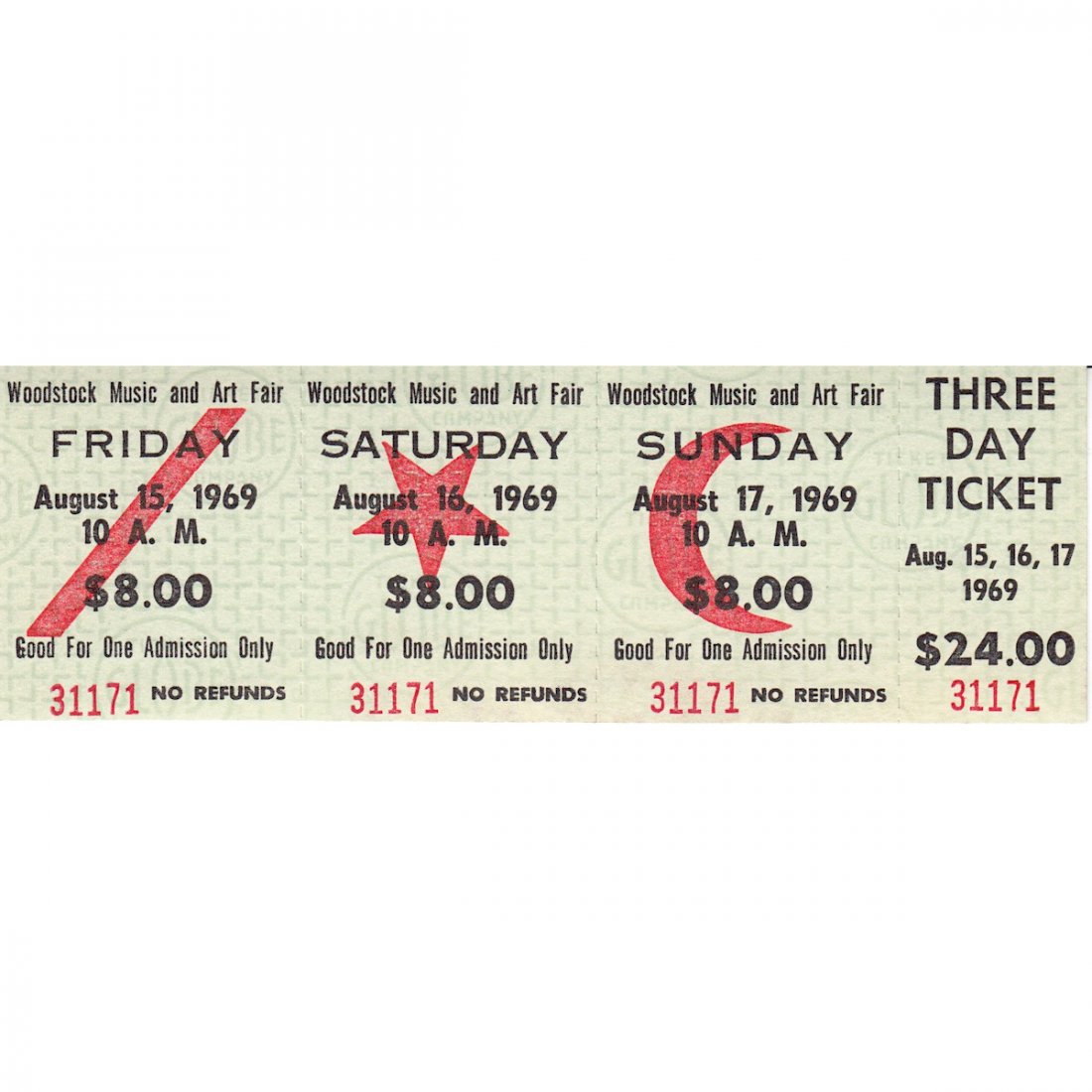 Woodstock - 1969 Three Day Vintage Concert Ticket: WOODSTOCK MUSIC & ART FAIR FESTIVAL (Music Festival billed as 'An Aquarian Exposition: 3 Days of Peace & Music) Authentic unused Three Day Woodstock Festival Ticket with photograph. Venue: Max Yasgur