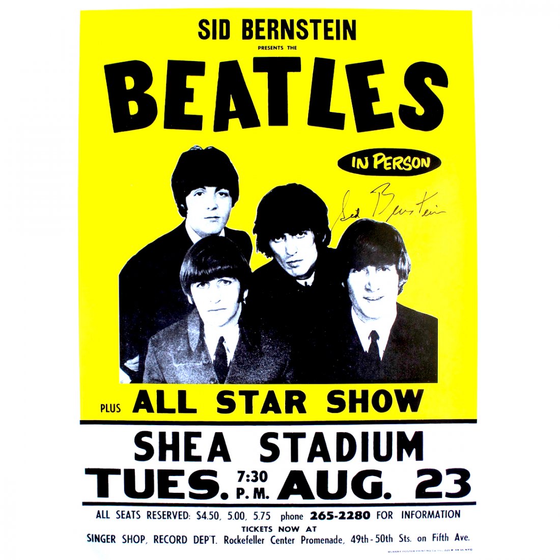 Beatles - Sid Bernstein - Signed Shea Stadium Poster: SID BERNSTEIN (1918-2013 American Music Promoter) Original & Vintage Beatles Shea Stadium Concert Poster. Hand-signed by Sid Bernstein. Includes COA. Dimensions: 18 inches by 24 inches