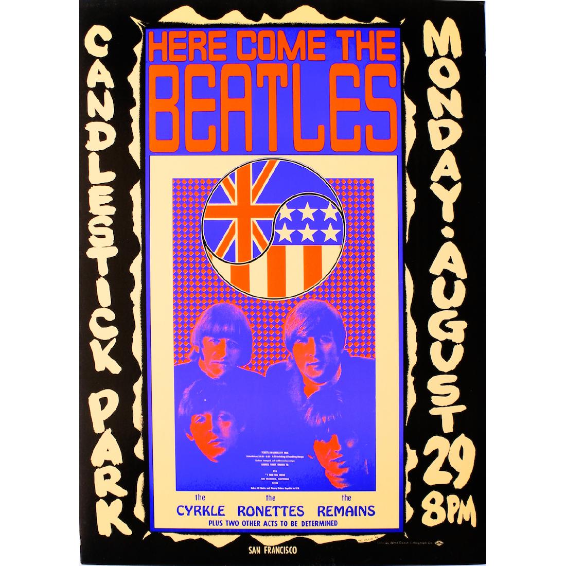 The Beatles - Candlestick Park - 1966 Concert Poster: THE BEATLES (English Rock Band) An original & vintage 'Here Comes The Beatles' concert poster featuring The Beatles, The Cyrkle, The Ronettes and The Remains. Venue: Candlestick Park, San Francisco, C