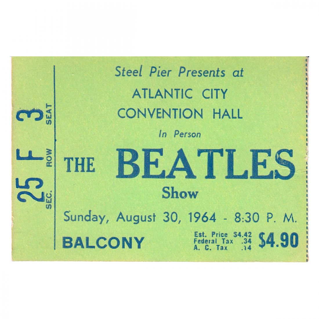 The Beatles - Steel Pier - 1964 Vintage Concert Ticket: THE BEATLES (English Rock Band) Original & Vintage 1964 Beatles Concert Ticket. Venue: Atlantic City Convention Hall, Atlantic City, New Jersey. Dated: August 30, 1964. Includes COA. Dimensions: 3.75 