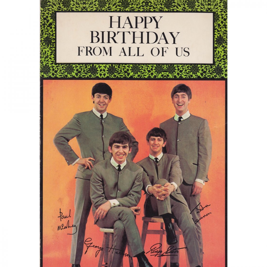 The Beatles - 1964 NEMS Greeting Card: THE BEATLES (English Rock Band) Original & Vintage 1964 NEMS Beatles 'Happy Birthday From All Of Us' Greeting Card. Â©1964 American Greetings. Includes COA. Dimensions: 8.25 inches by 12.25 inches
