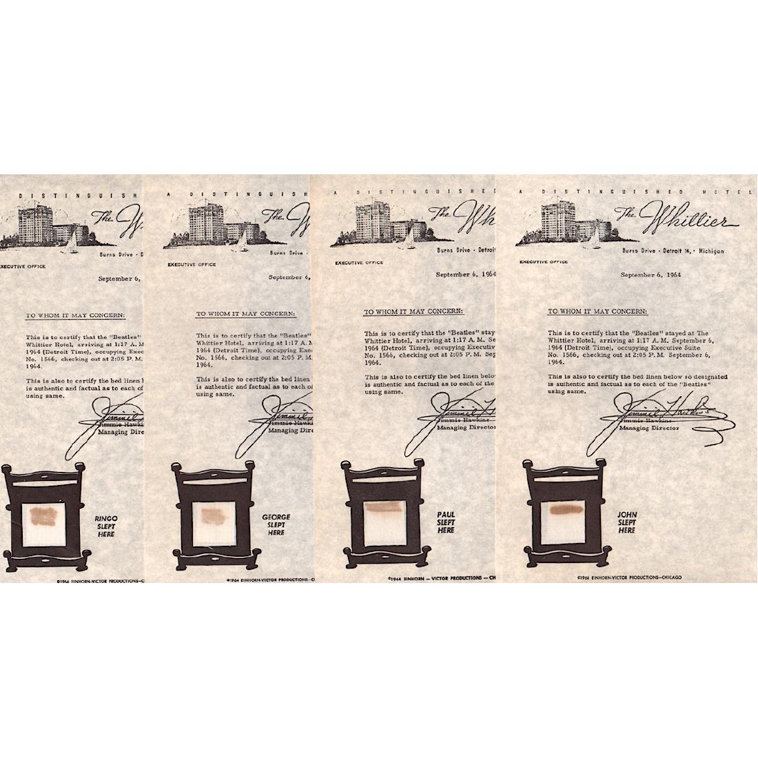 The Beatles - Whittier Hotel - Complete Bed Sheets Set: THE BEATLES (English Rock Band) Original & Vintage 1964 'The Beatles' Complete set of four Bed Sheets from the Executive Office of The Whittier Hotel in Detroit, which features a 1 inch square of fabr