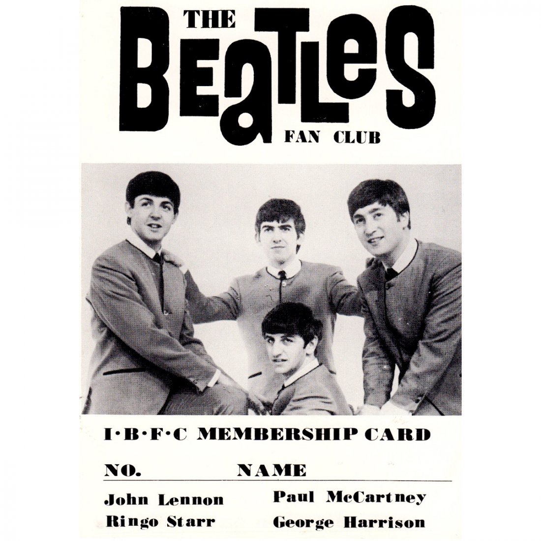 The Beatles - 1965 IBFC Fan Club Membership Card: THE BEATLES (English Rock Band) Original & Vintage 1965 'The Immortal Beatles Fan Club' Membership Card. Includes COA. Dimensions: Approx. 3.5 inches by 4 inches
