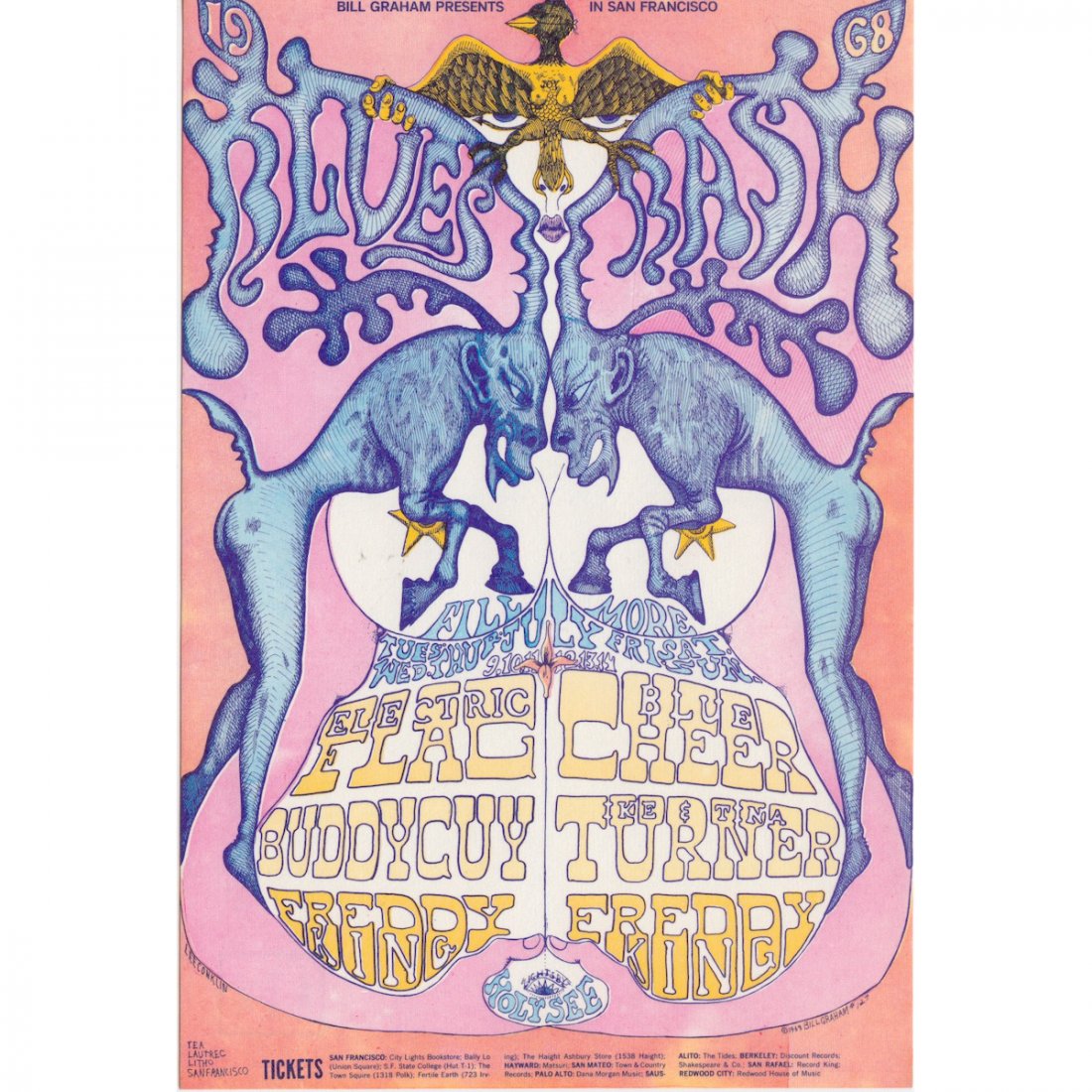 Blue Cheer - Buddy Guy - 1968 Concert Handbill: BLUE CHEER (American Rock Band) BUDDY GUY (American Blues Guitarist and Singer) ELECTRIC FLAG (American Blues Rock Soul Group) IKE TURNER (1931-2007 American Musician, Bandleader, Songwriter and Produ