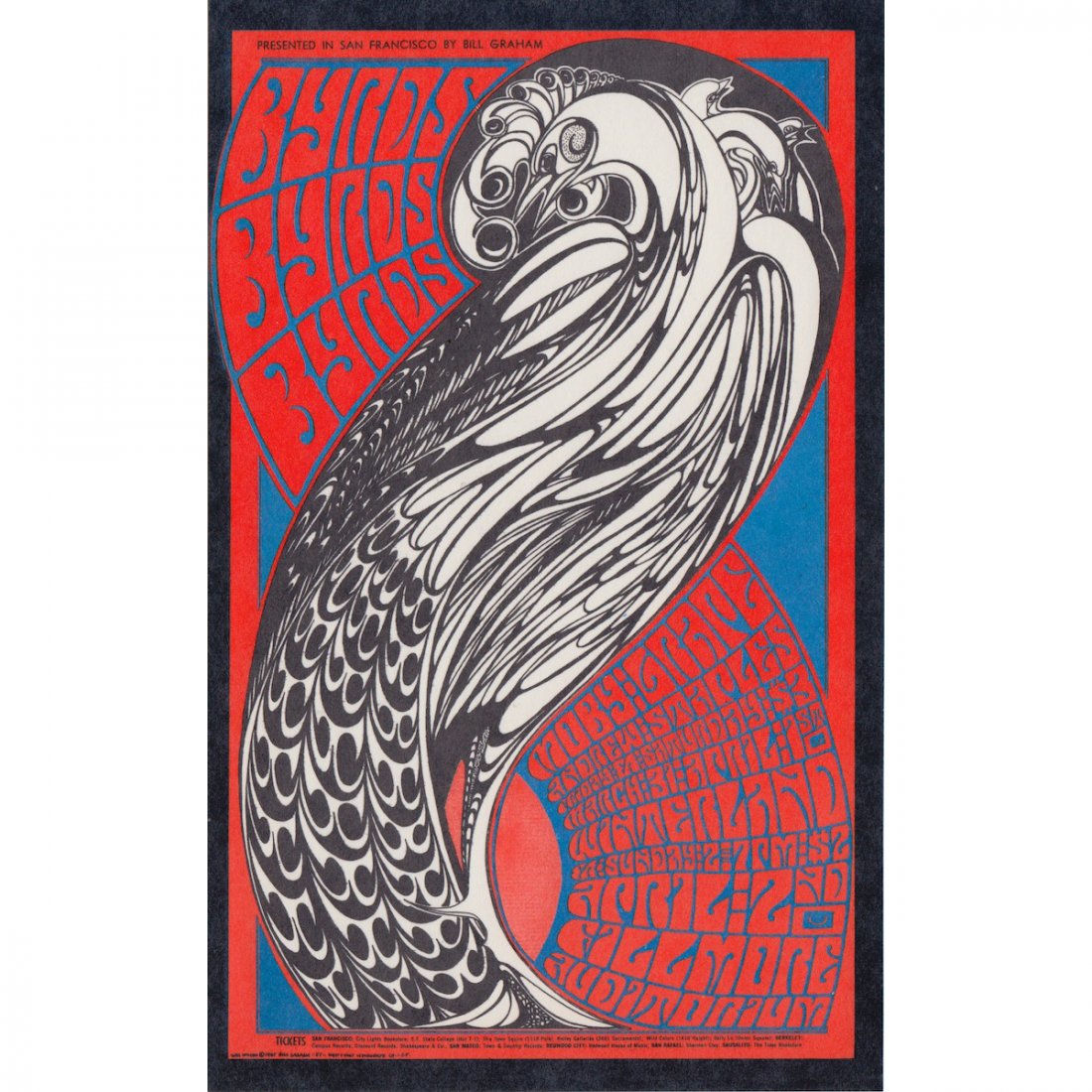 The Byrds - Moby Grape - 1967 Concert Handbill: THE BYRDS (American Rock Band) MOBY GRAPE (American Psychedelic Rock Band) Original & Vintage Bill Graham Presents Concert Postcard featuring The Byrds and Moby Grape. This postcard is #57-2 in The Bi