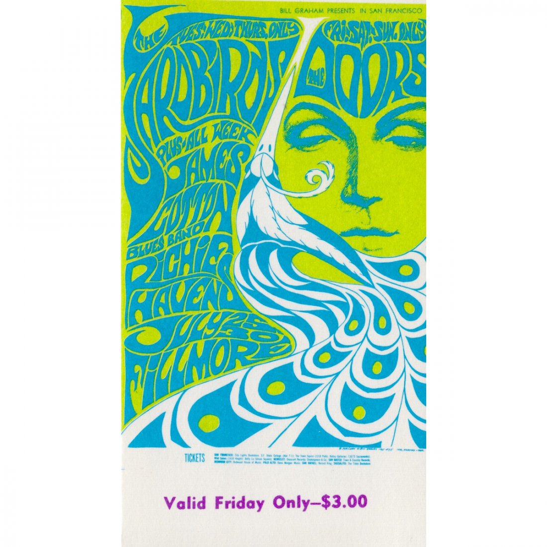 The Doors - Yardbirds - 1967 Vintage Concert Ticket: THE DOORS (American Rock Band) THE YARDBIRDS (English Rock Band) Original & Vintage Bill Graham Presents Concert Ticket featuring The Doors, Yardbirds, and Richie Havens. Venue: Fillmore Auditorium, S