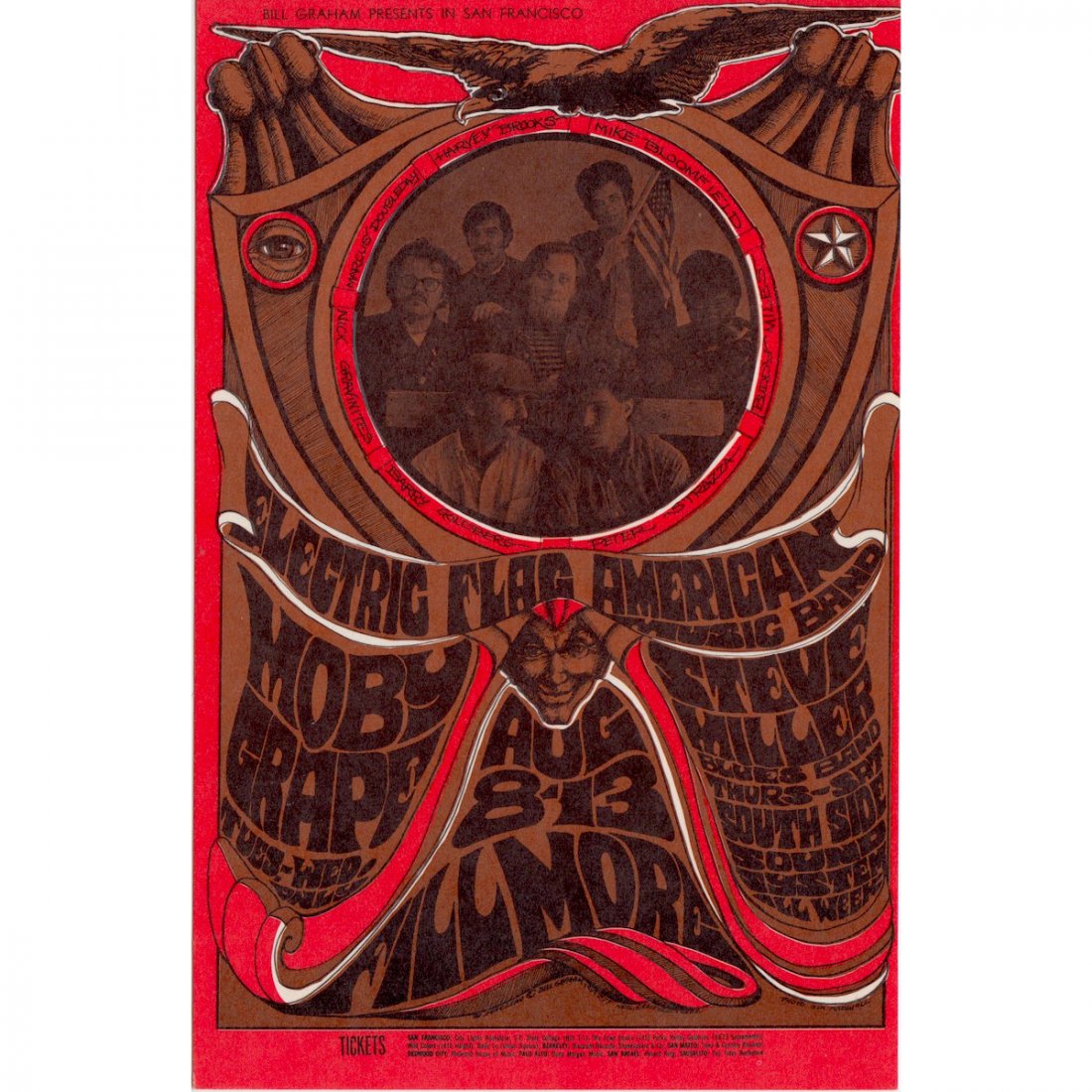 Electric Flag - 1967 Concert Handbill: ELECTRIC FLAG (American Blues Rock Soul Group) MOBY GRAPE (American Psychedelic Rock Band) STEVE MILLER BAND (American Rock Band) Original & Vintage Bill Graham Presents Concert Postcard featuring Ele