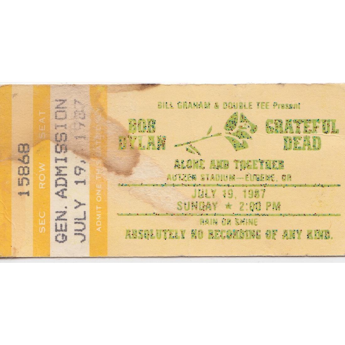 Grateful Dead - Bob Dylan - 1987 Vintage Concert Ticket: GRATEFUL DEAD (American Rock Band) BOB DYLAN (American Singer and Songwriter) Original & Vintage 1987 used Concert Ticket featuring The Grateful Dead. Venue: Autzen Stadium, Eugene, Oregon. Dated: Jul