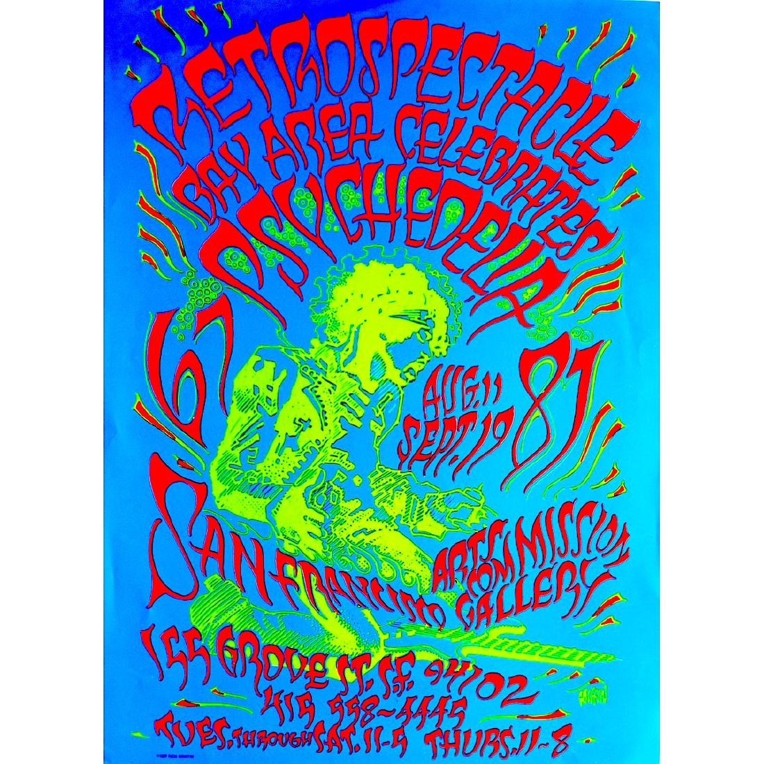 Jimi Hendrix - Rick Griffin - Psychedelia Poster: JIMI HENDRIX (1942-1970 American Rock Guitarist, Singer-Songwriter and Musician) Original & Vintage Rick Griffin Designed Poster 'Retrospectacle: Bay Area Celebrates Psychedelia'. Venue: San Francisco