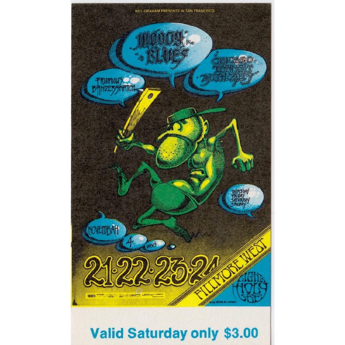 Moody Blues - 1968 Vintage Concert Ticket: THE MOODY BLUES (English Rock Band) CHICAGO (American Rock Band) Original & Vintage Bill Graham Presents Concert Ticket featuring The Moody Blues and Chicago Transit Authority. Venue: Fillmore West, S