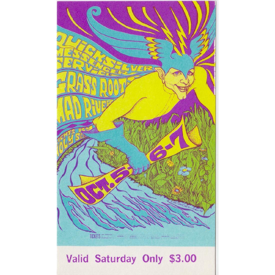 Quicksilver Messenger Service - 1967 Vintage Concert: QUICKSILVER MESSENGER SERVICE (American Psychedelic Rock Band) Original & Vintage Bill Graham Presents Concert Ticket featuring Quicksilver Messenger Service and The Grass Roots. Venue: Fillmore Audit