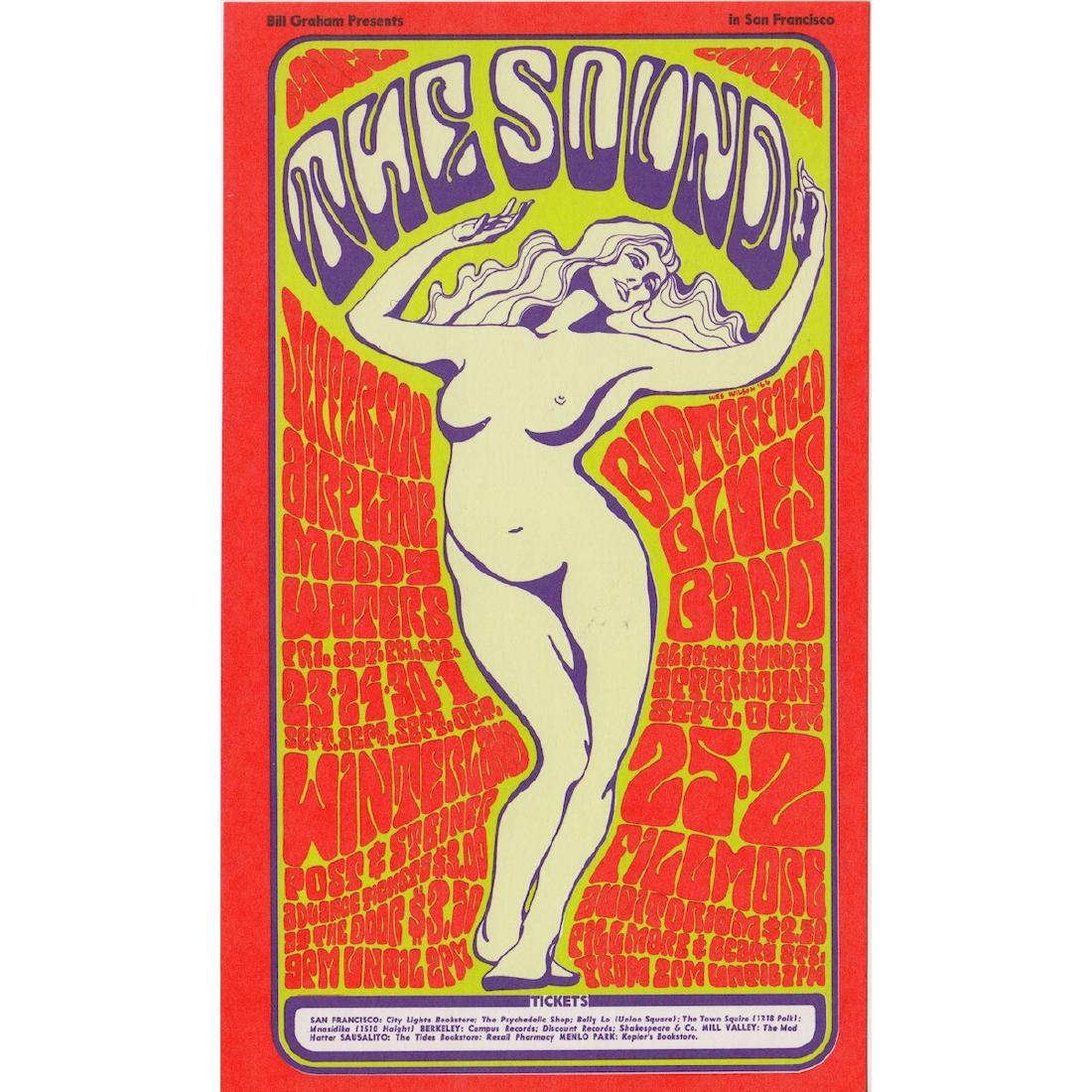 The Sound - Jefferson Airplane - 1966 Concert Handbill: JEFFERSON AIRPLANE (American Rock Band) Original & Vintage Bill Graham Presents Concert Postcard featuring Jefferson Airplane, Muddy Waters and The Paul Butterfield Blues Band. This postcard is #29-1C