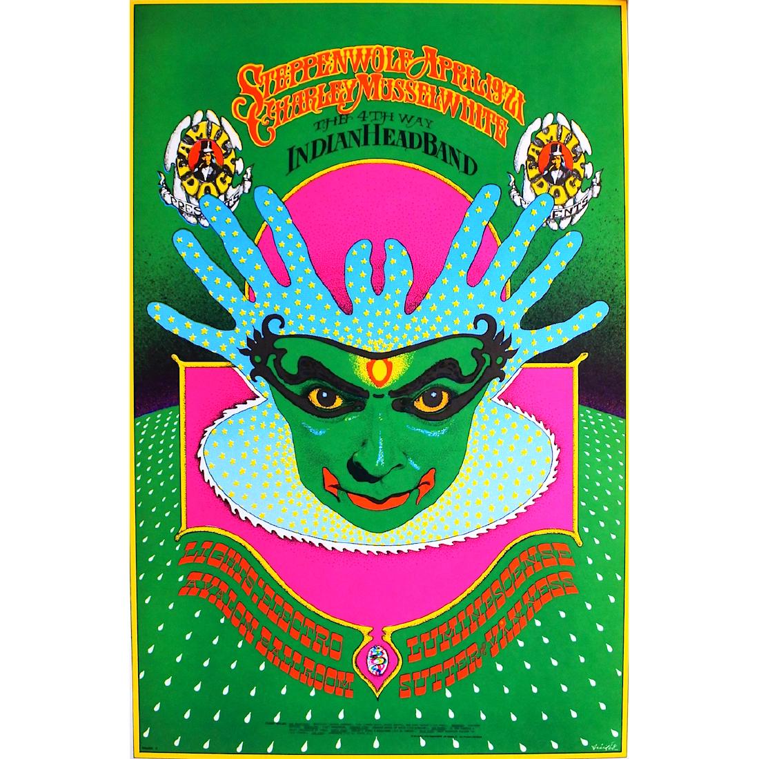 Steppenwolf - 1968 Family Dog Concert Poster: STEPPENWOLF (Canadian-American Rock Band) Original & Vintage Family Dog Presents Concert Poster featuring Steppenwolf, Charlie Musselwhite and Indian Head Band. This poster is #115-1 in The Family Dog