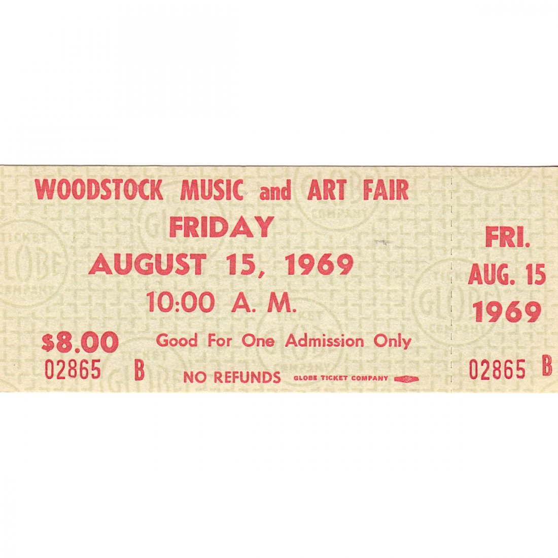 Woodstock - 1969 Friday Vintage Concert Ticket: WOODSTOCK MUSIC & ART FAIR FESTIVAL (Music Festival billed as 'An Aquarian Exposition: 3 Days of Peace & Music) Authentic unused Woodstock Festival Ticket with photograph. Venue: Max Yasgur Dairy Farm