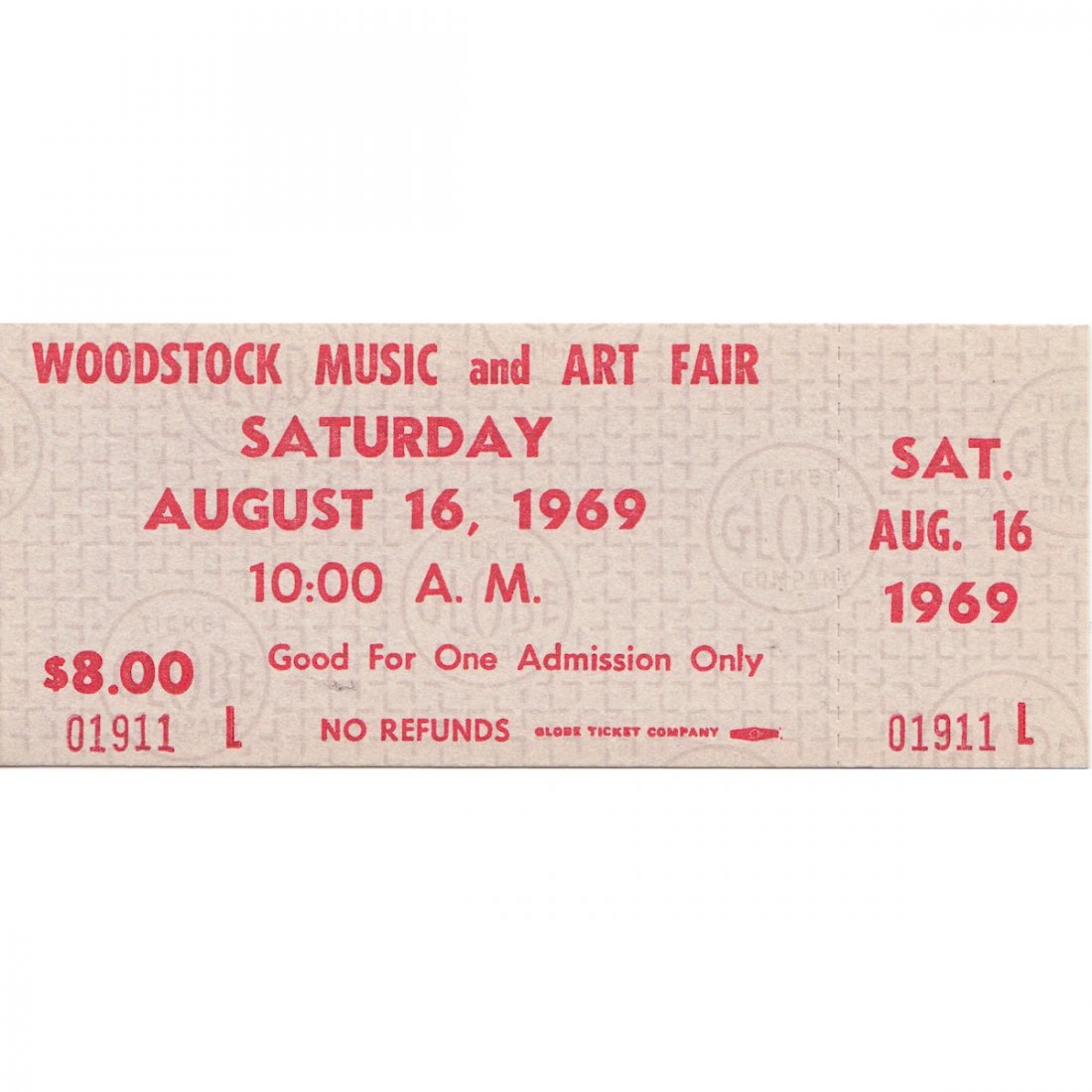 Woodstock - 1969 Saturday Vintage Concert Ticket: WOODSTOCK MUSIC & ART FAIR FESTIVAL (Music Festival billed as 'An Aquarian Exposition: 3 Days of Peace & Music) Authentic unused Woodstock Festival Ticket with photograph. Venue: Max Yasgur Dairy Farm