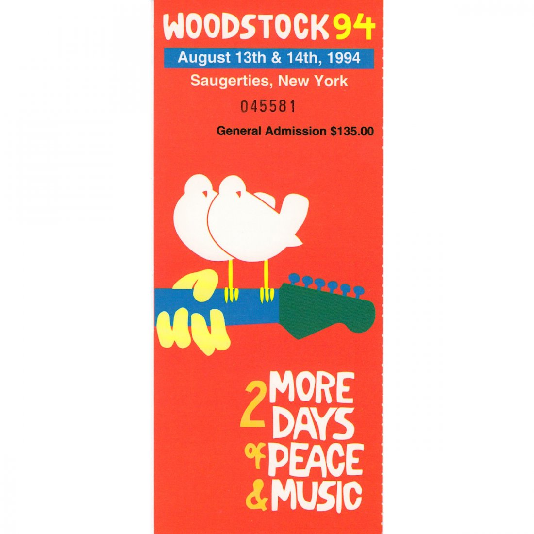 Woodstock Music Festival - 1994 Vintage Concert Ticket: WOODSTOCK 1994 MUSIC FESTIVAL (Music Festival) Authentic 1994 unused Woodstock Festival Ticket with parking pass. Venue: Winston Farms, Saugerties, New York. Dated: August 13, 1994. Includes COA. Dime