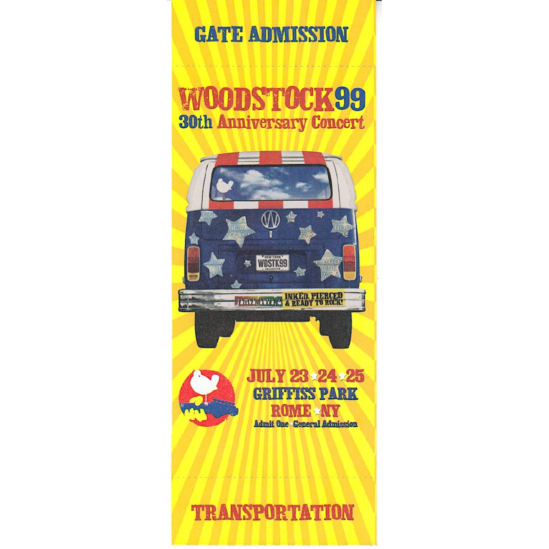 Woodstock Music Festival - 1999 Vintage Concert Ticket: WOODSTOCK 1999 MUSIC FESTIVAL (Music Festival) Authentic 1999 unused Woodstock Festival Ticket. Venue: Griffiss Park, Rome, New York. Dated: July 23-25, 1999. Includes COA. Dimensions: 3 inches by 8 i