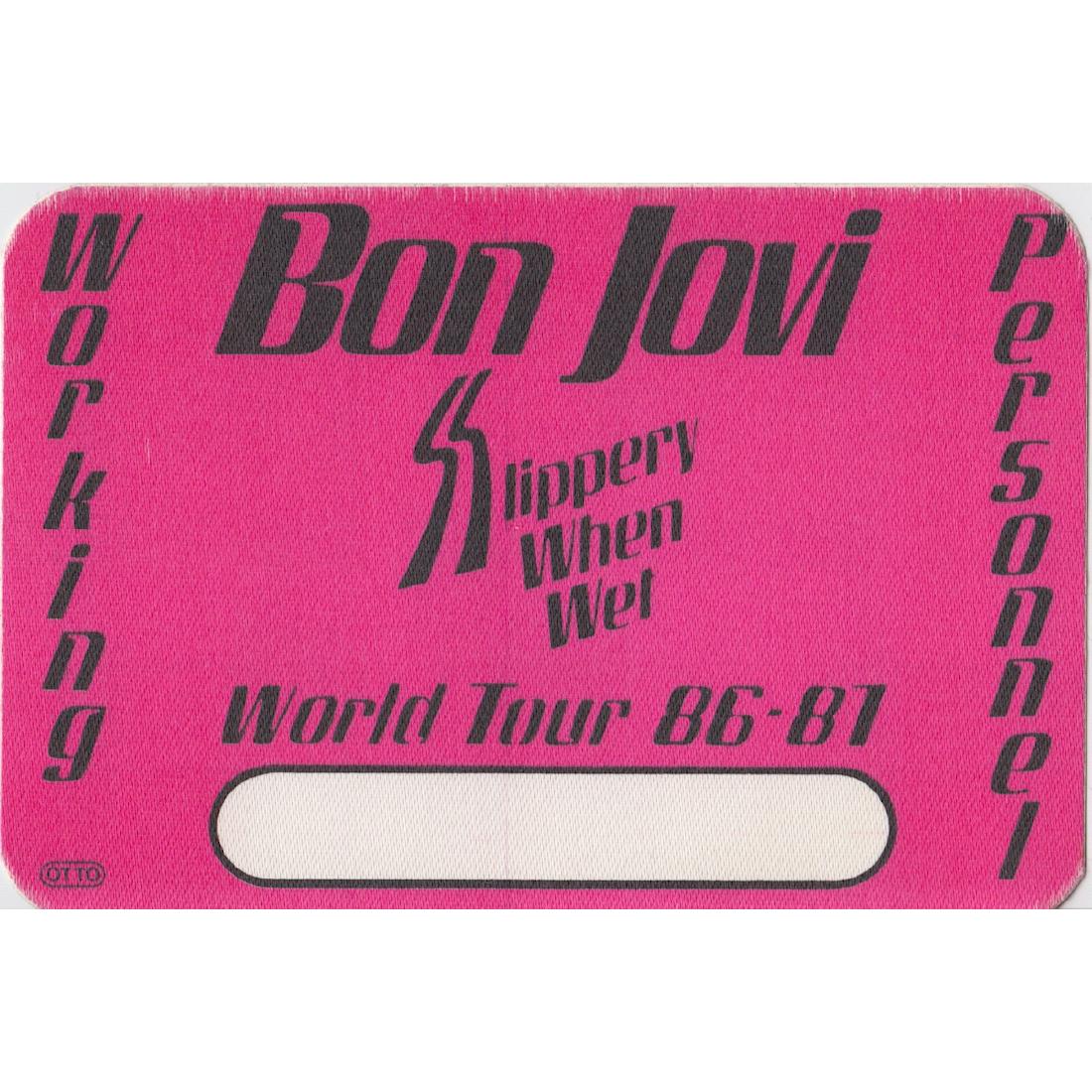 Bon Jovi - 1986 Backstage Pass: BON JOVI (American Rock Band) Authentic Bon Jovi 1986 'Slippery When Wet Tour' unused Working Personal Backstage Pass. Manufactured by Otto. Includes COA. Dimensions: 4.75 inches by 3.25 inches