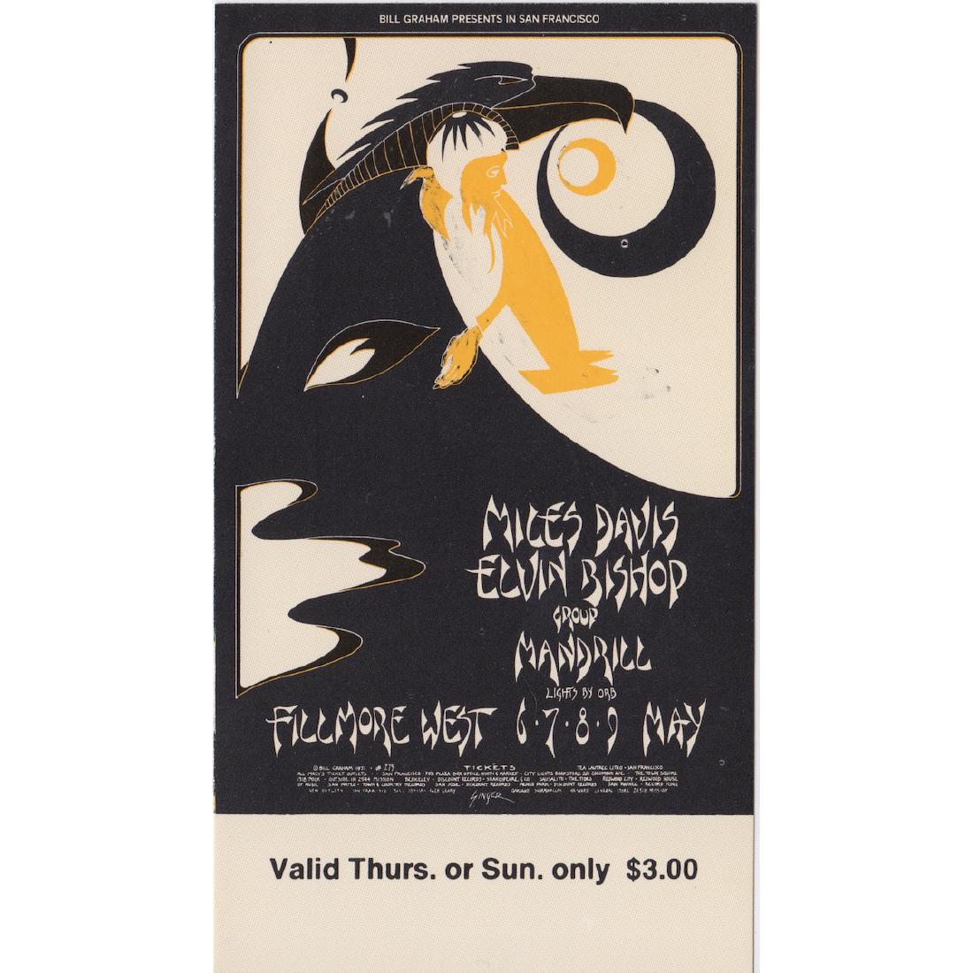 Miles Davis - 1971 Vintage Concert Ticket: MILES DAVIS(1926-1991 American Jazz Musician) Original & Vintage Bill Graham Presents Concert Ticket featuring Miles Davis and Elvin Bishop Group. Venue: Fillmore West, San Francisco, California. Date