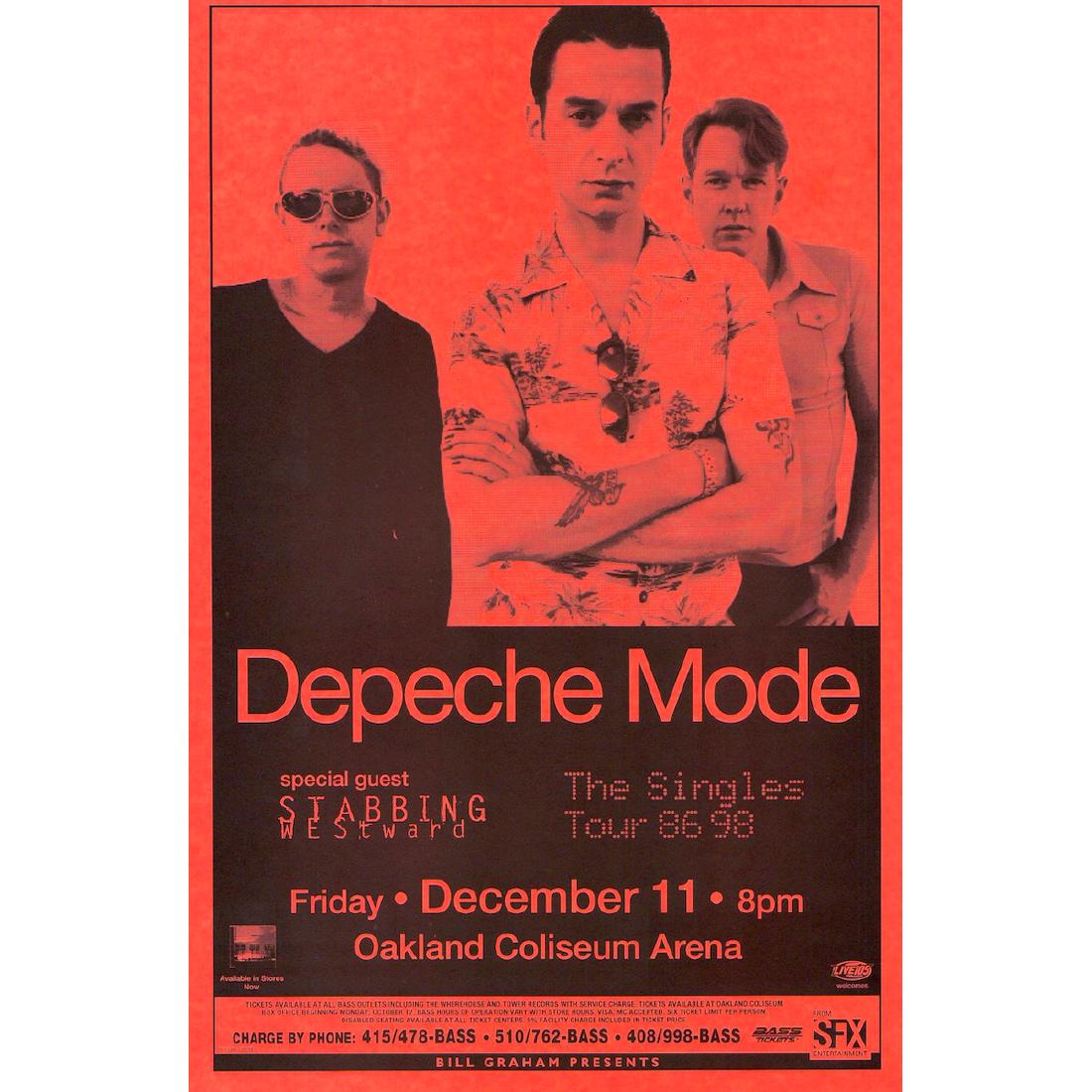 Depeche Mode - 1998 Concert Poster: DEPECHE MODE (English Electronic Band) Original & Vintage Bill Graham Presents Concert Poster featuring Depeche Mode and Stabbing Westward. Venue: Oakland Coliseum, Oakland, California. Dated: Decembe